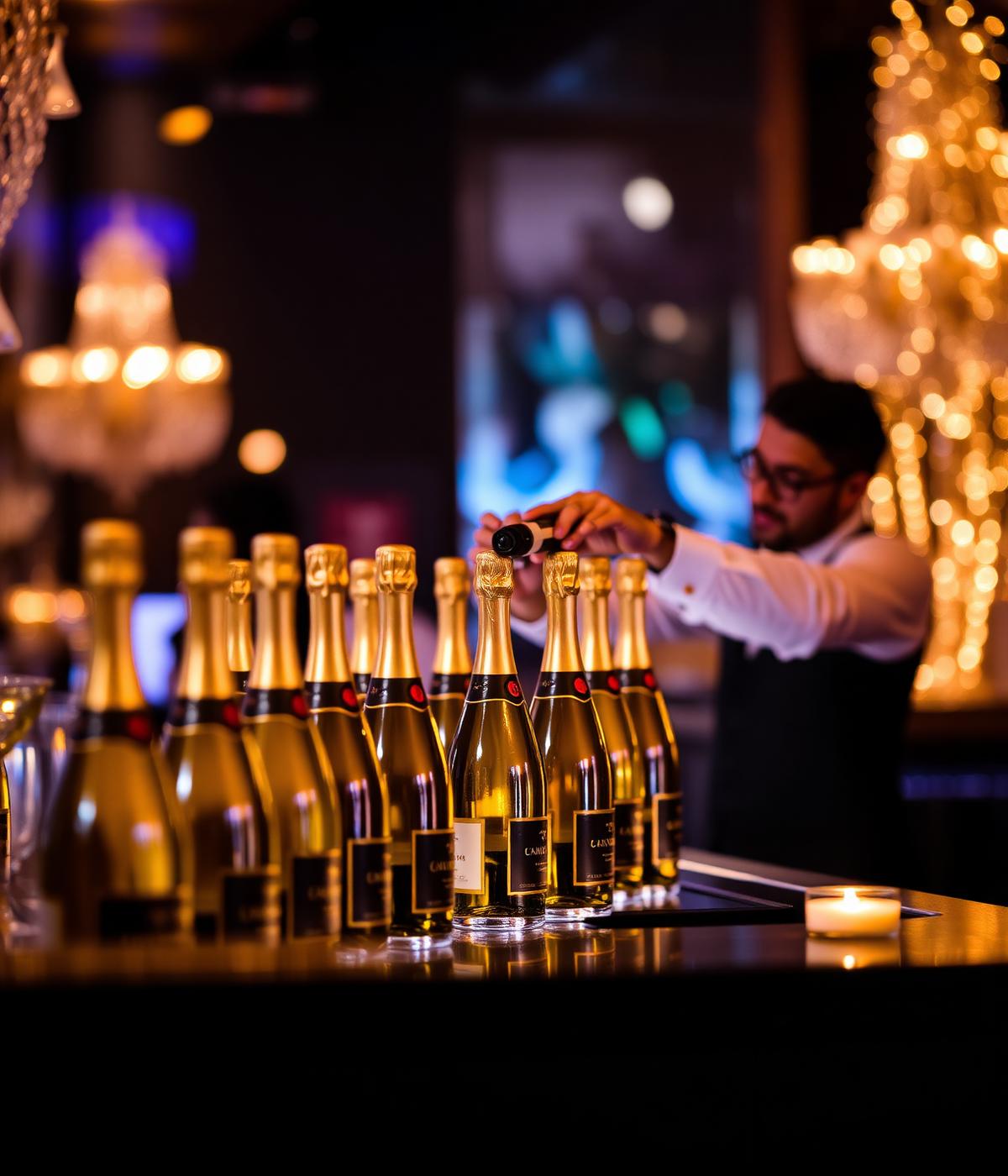 Open bar premium com bartender servindo champagne