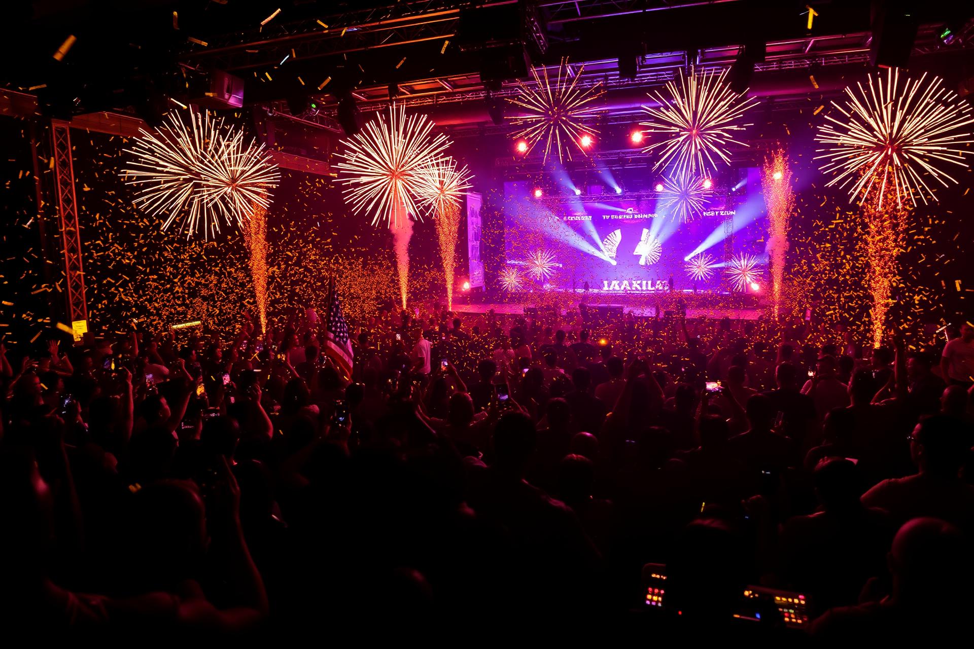 Réveillon com fogos, palco iluminado e multidão celebrando a virada
